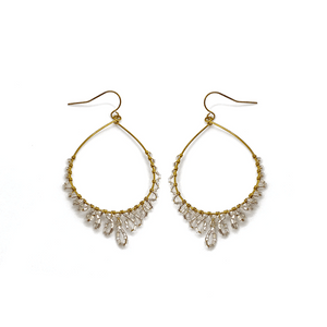 Delicate gold teardrop-shaped earrings adorned with small clear beads along the bottom edge, showcasing Desert Drops | Purpose Jewelry in an elegant, minimalist style.
