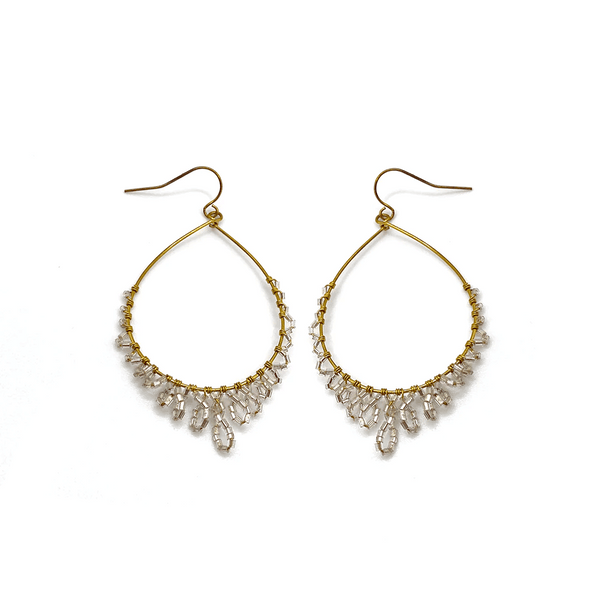 Delicate gold teardrop-shaped earrings adorned with small clear beads along the bottom edge, showcasing Desert Drops | Purpose Jewelry in an elegant, minimalist style.