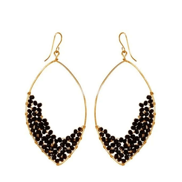 Dusk Drops | Purpose Jewelry featuring elegant gold-tone wire hoops adorned with clustered black beads, designed for a sophisticated and modern statement look.