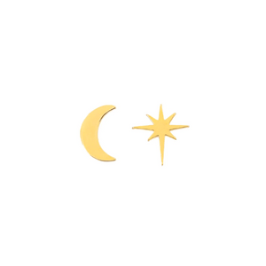 Galaxy Studs | Purpose Jewelry featuring a pair of gold-tone stud earrings, one shaped like a crescent moon and the other like an eight-pointed star, elegant minimalist design.