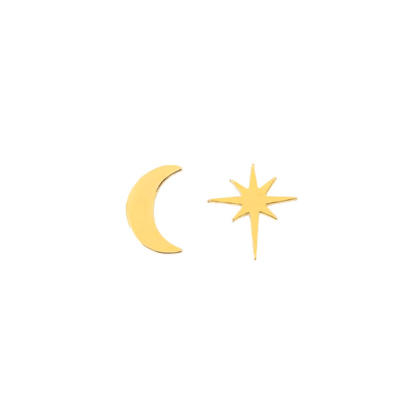 Galaxy Studs | Purpose Jewelry featuring a pair of gold-tone stud earrings, one shaped like a crescent moon and the other like an eight-pointed star, elegant minimalist design.