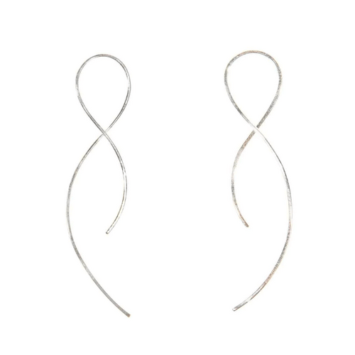 Minimalist silver wire earrings shaped in elegant flowing loops, showcasing the delicate design of Vista Earrings | Purpose Jewelry.