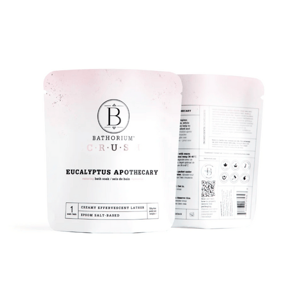 Front and back view of Eucalyptus Apothecary Crush | Bathorium in white resealable packaging showcasing creamy effervescent Epsom salt-based bath soak for skincare and wellness.