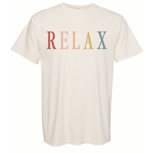 Cream-colored unisex t-shirt featuring the word RELAX in retro multicolored letters, designed for casual and comfortable wear, titled RELAX Retro Unisex T-Shirt | Lucky Owl.