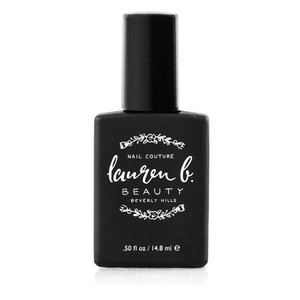 Black nail polish bottle with white floral design and text, featuring Light Activated Gel Topcoat 7 Free Vegan Nail Polish | Lauren B. Beauty in elegant script.