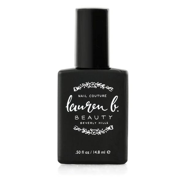 Black nail polish bottle with white floral design and text, featuring Light Activated Gel Topcoat 7 Free Vegan Nail Polish | Lauren B. Beauty in elegant script.