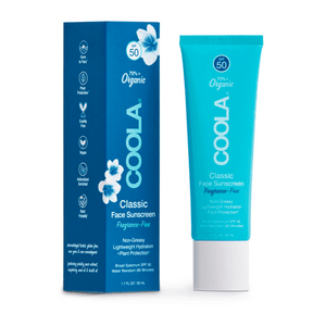 Classic Face Organic Sunscreen Lotion SPF 50 - Fragrance Free | COOLA tube next to its blue box packaging, featuring non-greasy, lightweight hydration and plant protection for skincare.