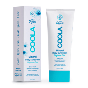 Mineral Body Organic Sunscreen Lotion SPF 50 - Fragrance Free | COOLA product with 70% organic ingredients, featuring broad spectrum protection, hydrating and nourishing skincare benefits in sleek packaging.