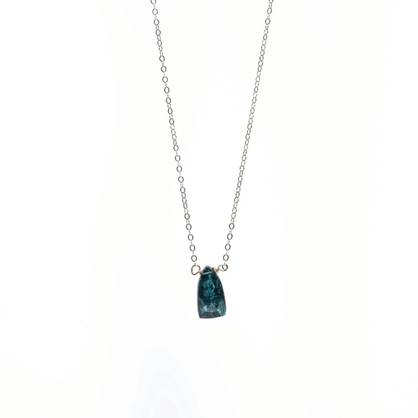 Insightful Teal Kyanite Sterling Silver Necklace | Liv & B featuring a delicate silver chain with a polished teal kyanite stone pendant, perfect for wellness and mindful style.