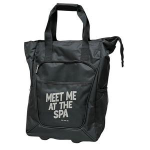 NEW Meet Me at the Spa Rolling Trade Show Tote | Live Love Spa in black with front zipper pocket, dual handles, and side mesh pocket, ideal for carrying wellness and skincare essentials.