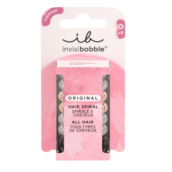 Packaging of ORIGINAL Clear Black Metallic 8pc | invisibobble hair spirals containing eight metallic-colored spiral hair ties suitable for all hair types, displayed on a pink backing card.