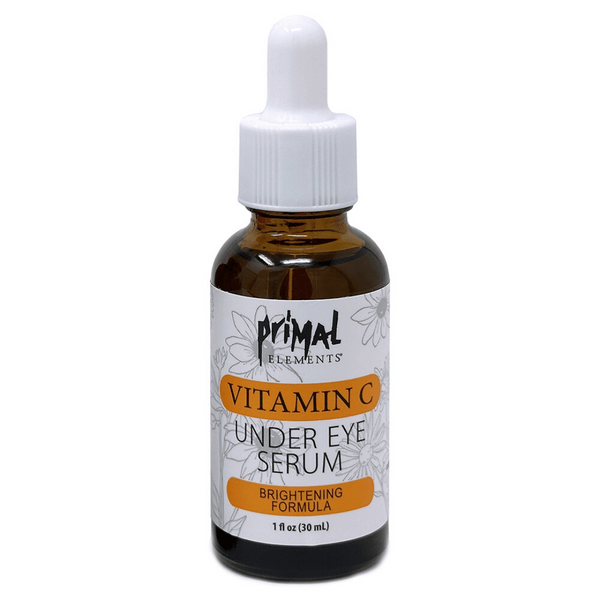 Bottle of Vitamin C Under Eye Serum | Primal Elements with dropper cap, designed for skincare and brightening under-eye areas.