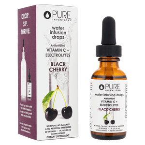 Bottle and packaging of Electrolytes + Vitamin C Black Cherry - | Pure Inventions water infusion drops featuring antioxidant vitamin C and electrolytes for wellness supplements.