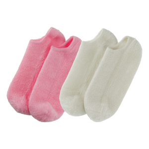 Two pairs of soft, plush ankle socks in pink and white for cozy comfort, featuring the design style of Sip Back & Relax | Barefoot Scientist.