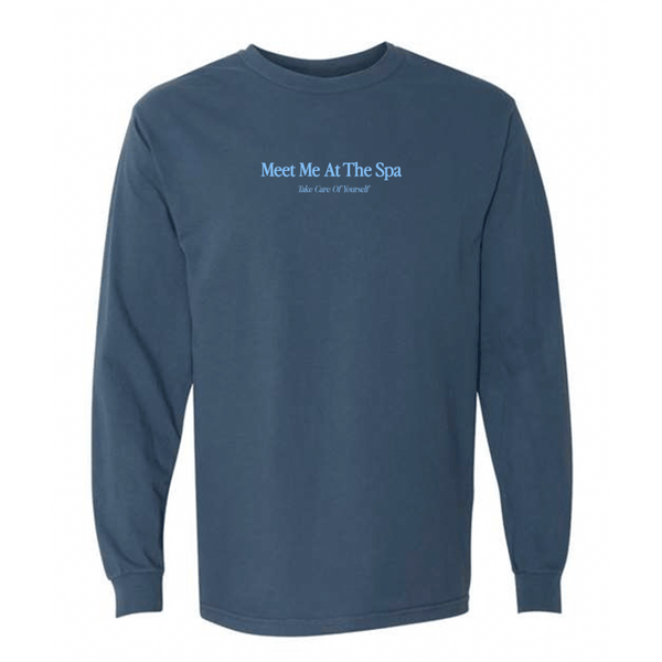 Blue long sleeve t-shirt with light blue text reading "Meet Me At The Spa Take Care Of Yourself" featuring the product name Meet Me At The Spa - Take Care Of Yourself Long Sleeve T-Shirt | Lucky Owl.