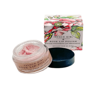Open jar of Rose LIp Polish | French Girl with a pink sugar lip scrub and floral-themed product packaging for gentle exfoliation and lip smoothing.