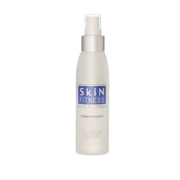 Bottle of Collagen Fitness Spritz | Skin Fitness Therapy with a spray nozzle and blue label, designed for skincare and wellness supplements.