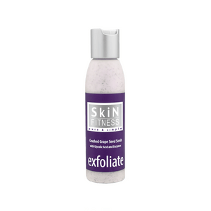 Bottle of Crushed Grapeseed Scrub | Skin Fitness Therapy featuring exfoliating formula with glycolic acid and enzymes for gentle skincare and body care.