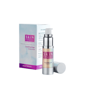 Silver pump bottle and packaging of Crystal Dew Drops For Eyes & Lips | Skin Fitness Therapy, skincare product for eye and lip care by Live Love Spa