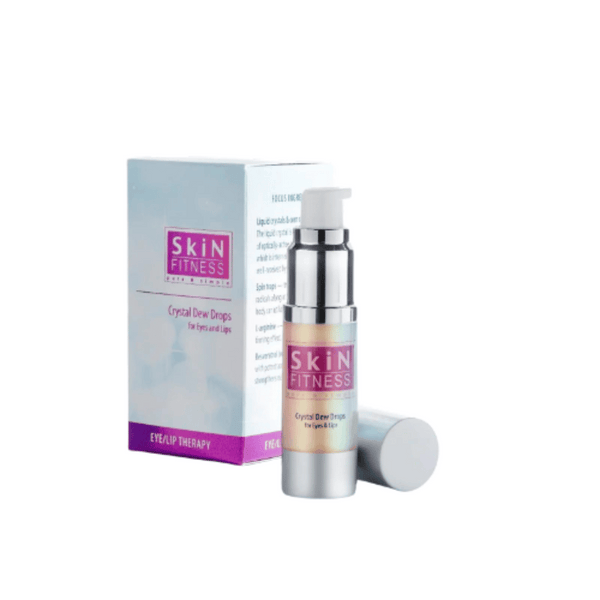 Silver pump bottle and packaging of Crystal Dew Drops For Eyes & Lips | Skin Fitness Therapy, skincare product for eye and lip care by Live Love Spa