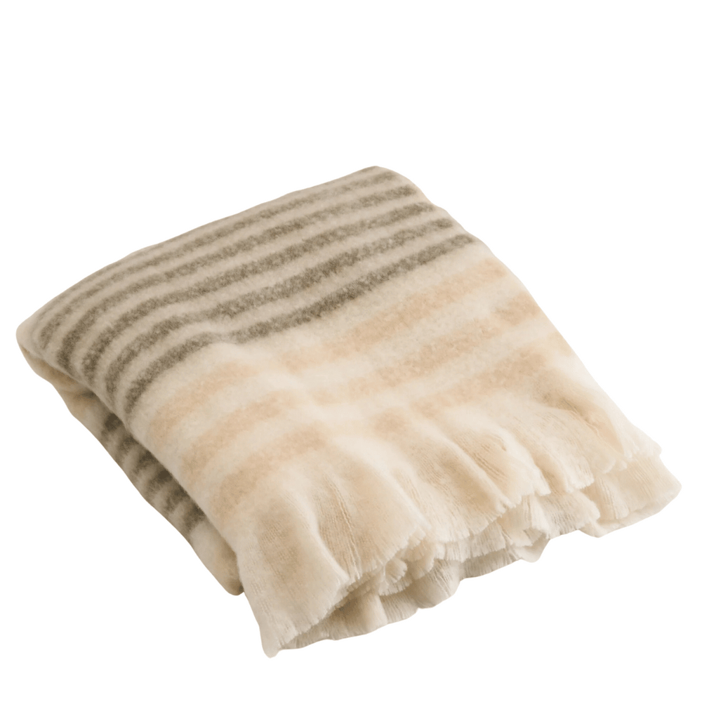 Soft folded Telluride Blanket Throw | Lemon with subtle striped pattern in neutral tones, perfect for cozying up and enhancing wellness at home.