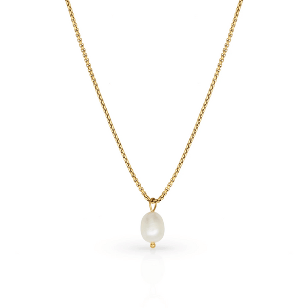 Delicate gold chain necklace featuring a single fresh pearl pendant, elegant and timeless design called Getting Fresh Pearl Gold Necklace | Love You More.