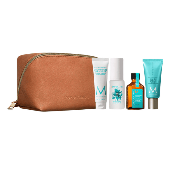 Travel-sized set featuring a brown zip pouch with shower gel, shampoo, hair oil, and hand cream for hair and body care in the Body Travel Hair Set | Moroccanoil.
