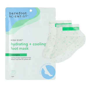 High Dive Hydrating Foot Mask | Barefoot Scientist packaging with two moisturizing foot mask socks designed for cooling and hydrating tired feet with eucalyptus and herbal ingredients.