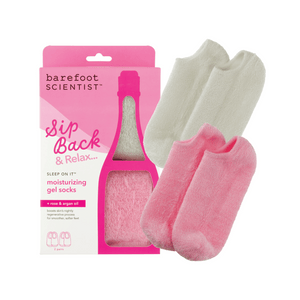 Bright pink and beige moisturizing gel socks in packaging with "Sip Back & Relax | Barefoot Scientist" branding, promoting skin hydration and softness for feet.