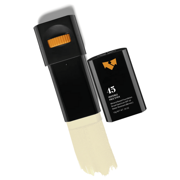 Invisible Sunscreen Face Stick SPF 45 | Vertra with black and orange packaging showing the stick applicator extended, designed for easy skincare and sun protection.