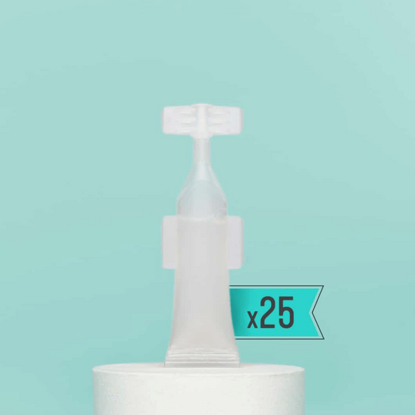 Clear single-use activator capsule from Activator Capsules 25ct box 12oz/3mL | Force of Nature shown against a light teal background, highlighting wellness and skincare use.
