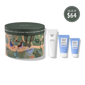 Exotic Garden Kit | [ comfort zone ] featuring a decorative round box and three skincare tubes, including essential face wash and hydramemory creams, valued at $64.