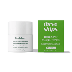 White jar and green box packaging of Firm Believer Goji Stem Cell + Pomegranate Smoothing Neck + Face Cream | Three Ships skincare product for neck and face firming.