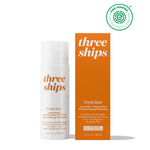 Bottle and orange box packaging of Fresh Start Lime Pearl + Prickly Pear 5% PHA Resurfacing Treatment | Three Ships skincare product with EWG Verified seal.