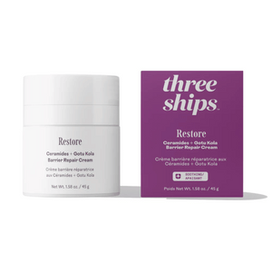 Restore Ceramides + Gotu Kola Barrier Repair Cream | Three Ships in white jar with matching purple box packaging, promoting skincare and barrier repair.
