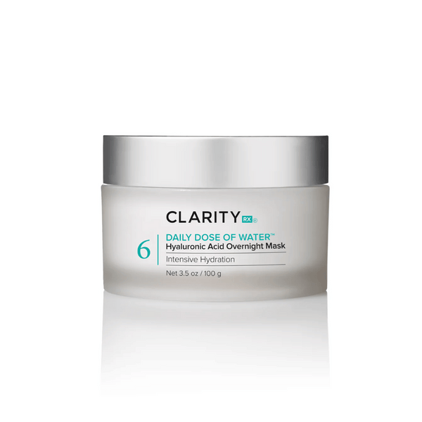 Jar of Daily Dose of Water™ Hyaluronic Acid Overnight Mask | ClarityRx featuring a sleek silver lid and frosted container, designed for intensive hydration skincare.
