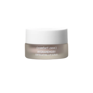 Hydramemory Exfoliating Lip Scrub | [ comfort zone ] in a small frosted jar with white lid, designed for gentle skincare lip exfoliation and hydration.