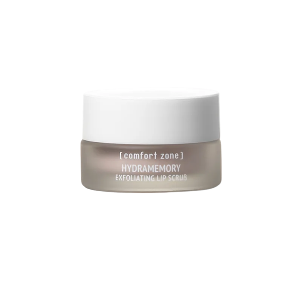 Hydramemory Exfoliating Lip Scrub | [ comfort zone ] in a small frosted jar with white lid, designed for gentle skincare lip exfoliation and hydration.