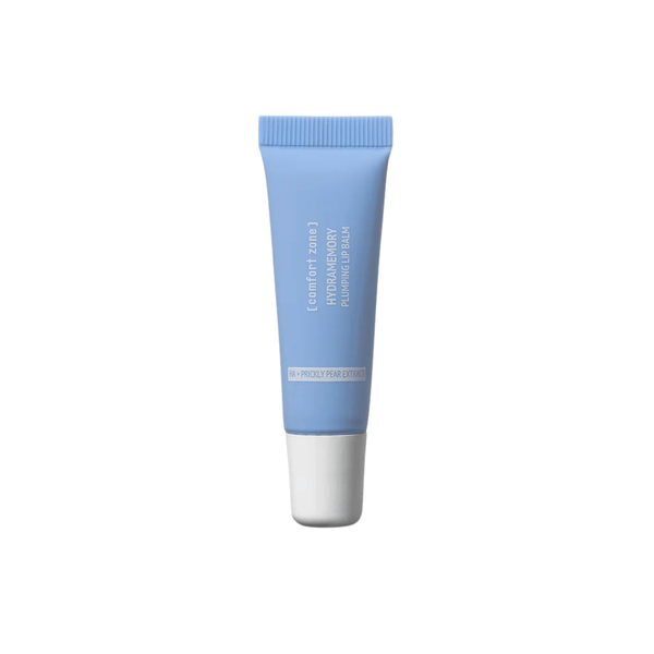 Hydramemory Plumping Lip Balm | [ comfort zone ] in a sleek blue tube, designed for skincare with prickly pear extract to hydrate and plump lips effectively.