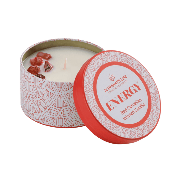 Energy Candle Tin 6 oz | Aluminate Life featuring a red carnelian infused candle in a decorative white and red tin designed for wellness and energy enhancement.