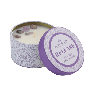 Release Candle Tin 6 oz | Aluminate Life featuring a lavender patterned tin with amethyst crystals embedded in the candle wax, promoting wellness and relaxation.