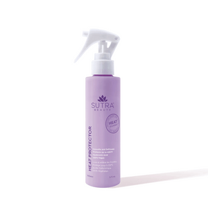 Bottle of Heat Guard Heat Protector | SUTRA in lavender color with spray nozzle designed to smooth and protect hair from heat damage up to 450°F while including hyaluronic acid.