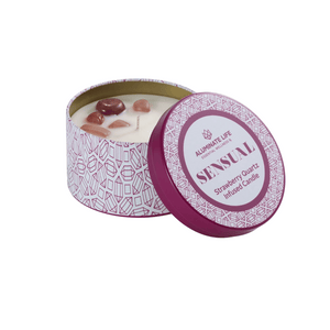 Sensual Candle Tin 6 oz | Aluminate Life featuring a strawberry quartz infused candle in a patterned purple and white tin for a calming wellness experience.