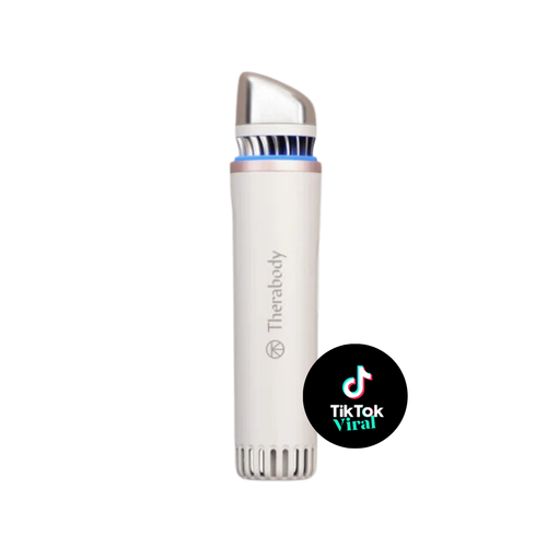 TheraFace Depuffing Wand | Therabody sleek white and silver skincare device designed for targeted facial depuffing and enhancing wellness routines