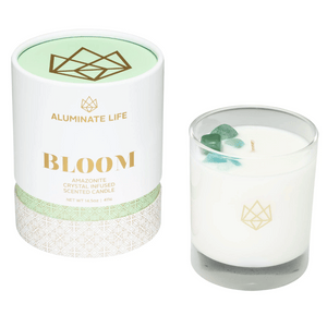 Bloom Glass Candle | Aluminate Life with Amazonite crystal infusion, presented in a white glass container alongside elegant white and mint green packaging promoting wellness and relaxation.