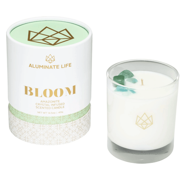 Bloom Glass Candle | Aluminate Life with Amazonite crystal infusion, presented in a white glass container alongside elegant white and mint green packaging promoting wellness and relaxation.