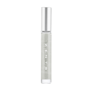 Clear glass roll-on bottle with silver cap containing a light-colored liquid, labeled with "ZENTS," representing the Attar Roll-on Scent | Zents for personal wellness and body care.