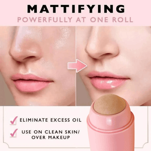 Close-up before and after images showing mattified skin with reduced shine and oil, alongside the Slick Oil Absorbing Volcanic Roller [Removes Oil & Shine] | Dreambox Beauty for skincare use.