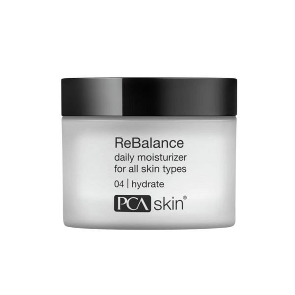 Rebalance | PCA Skin daily moisturizer in a white jar with black lid, designed to hydrate and balance all skin types for daily skincare use.