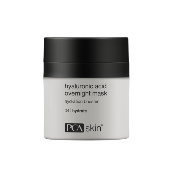 Container of Hyaluronic Acid Overnight Mask | PCA Skin hydration booster with black lid, designed for skincare hydration and overnight use.